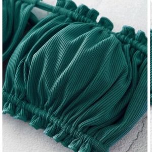 Zaful Ribbed Tie Cutout Bandeau Bikini Medium Peac